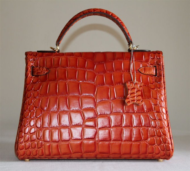 7A Replica Hermes Kelly 32cm Crocodile Veins Leather Bag Orange HC0001 (4)